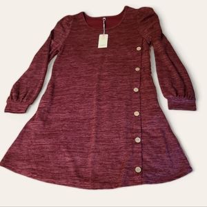 Maroon Long Sleeve Dress with pockets and button detail